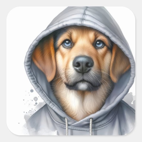 Watercolor Artwork Brown Dog in a Hoodie  Square Sticker