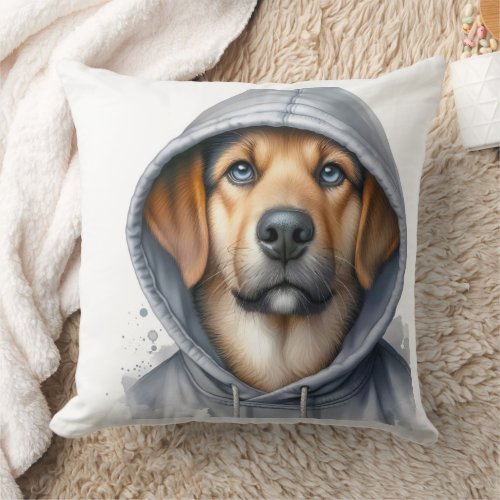 Watercolor Artwork Brown Dog in a Hoodie  Throw Pillow