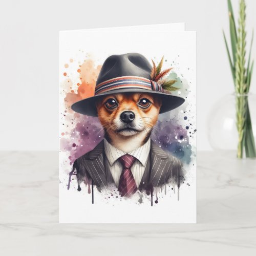 Watercolor Artwork Brown Dog in Suit Tie Splatter Card