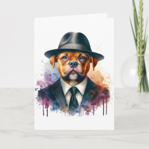 Watercolor Artwork Brown Dog in Suit Tie Splatter Card