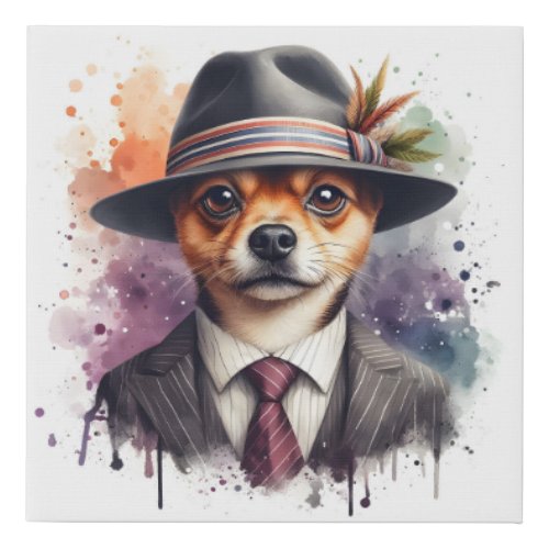 Watercolor Artwork Brown Dog in Suit Tie Splatter Faux Canvas Print