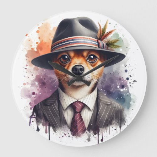 Watercolor Artwork Brown Dog in Suit Tie Splatter Large Clock