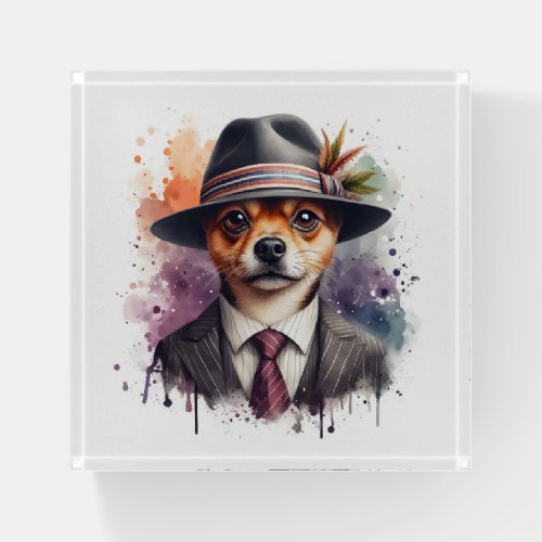 Watercolor Artwork Brown Dog in Suit Tie Splatter Paperweight