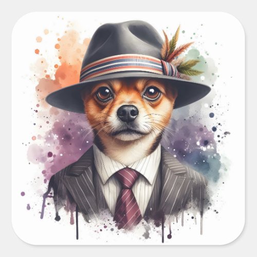 Watercolor Artwork Brown Dog in Suit Tie Splatter Square Sticker