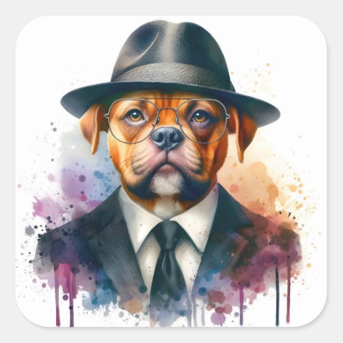 Watercolor Artwork Brown Dog in Suit Tie Splatter Square Sticker