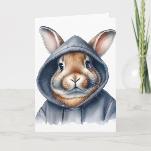 Watercolor Artwork Brown Rabbit in a Blue Hoodie  Card