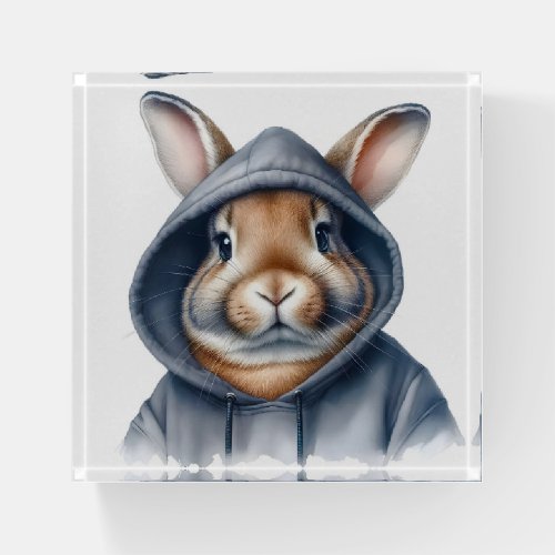 Watercolor Artwork Brown Rabbit in a Blue Hoodie  Paperweight