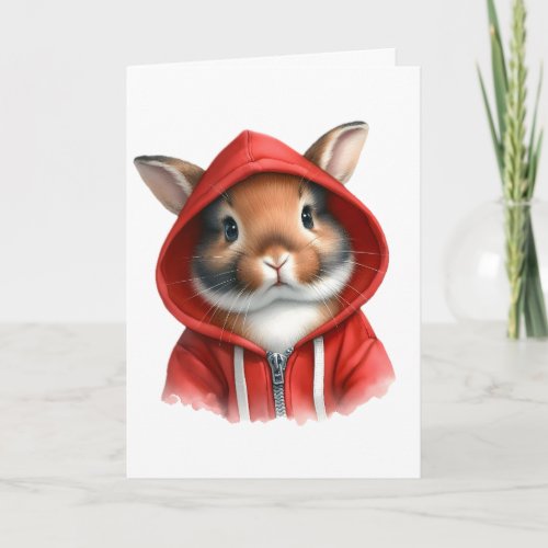 Watercolor Artwork Brown Rabbit in a Red Hoodie  Card