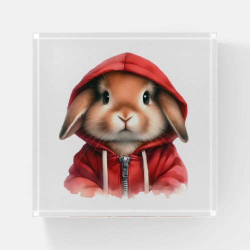 Watercolor Artwork Brown Rabbit in a Red Hoodie  Paperweight