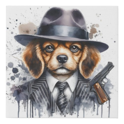 Watercolor Artwork Gangster Dog Suit Tie Splatter Faux Canvas Print