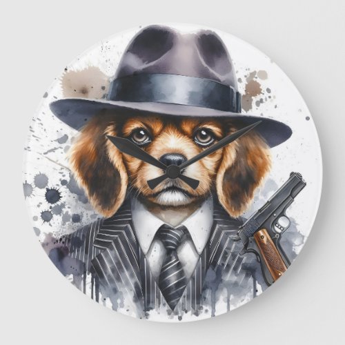 Watercolor Artwork Gangster Dog Suit Tie Splatter Large Clock