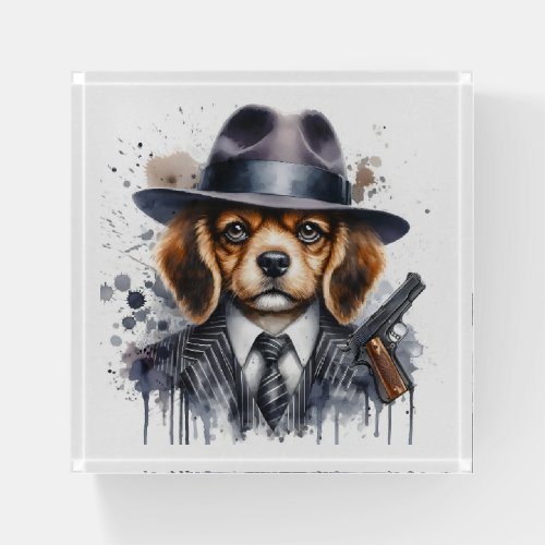 Watercolor Artwork Gangster Dog Suit Tie Splatter Paperweight