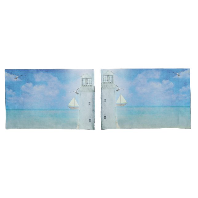 Watercolor Artwork Ocean Lighthouse With Sailboat Pillow Case (Front-Set)