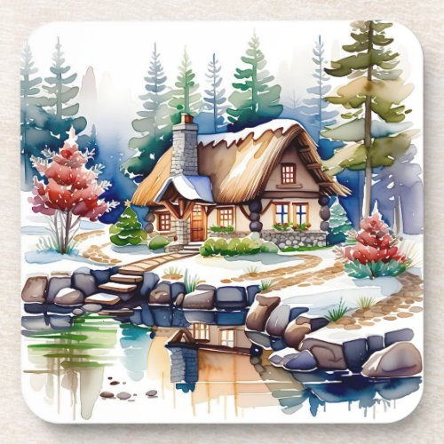 Watercolor Artwork of a Cottage in the Woods Beverage Coaster