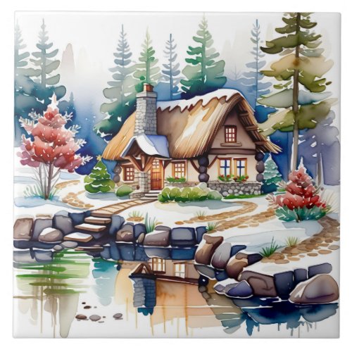 Watercolor Artwork of a Cottage in the Woods Ceramic Tile