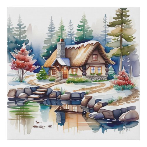 Watercolor Artwork of a Cottage in the Woods Faux Canvas Print