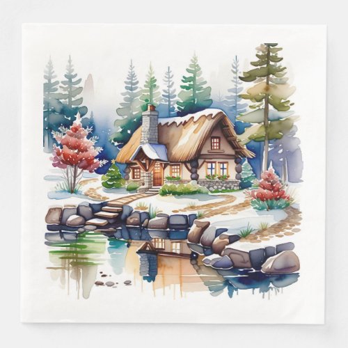 Watercolor Artwork of a Cottage in the Woods Paper Dinner Napkins