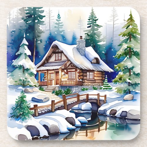 Watercolor Artwork of a Cottage in the Woods Snow Beverage Coaster
