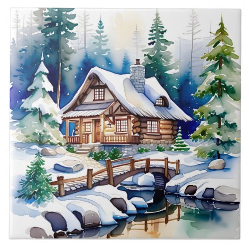 Watercolor Artwork of a Cottage in the Woods Snow Ceramic Tile