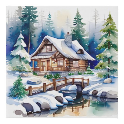 Watercolor Artwork of a Cottage in the Woods Snow Faux Canvas Print