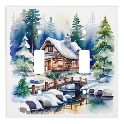 Watercolor Artwork of a Cottage in the Woods Snow Light Switch Cover