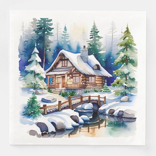 Watercolor Artwork of a Cottage in the Woods Snow Paper Dinner Napkins