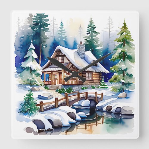 Watercolor Artwork of a Cottage in the Woods Snow Square Wall Clock