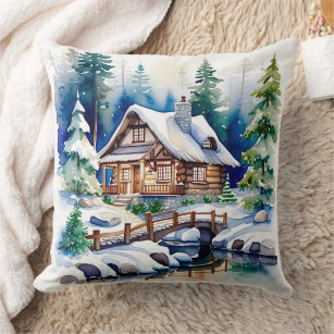 Watercolor Artwork of a Cottage in the Woods Snow Throw Pillow