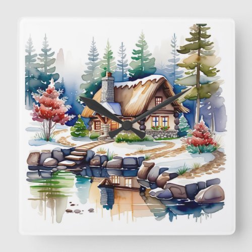 Watercolor Artwork of a Cottage in the Woods Square Wall Clock