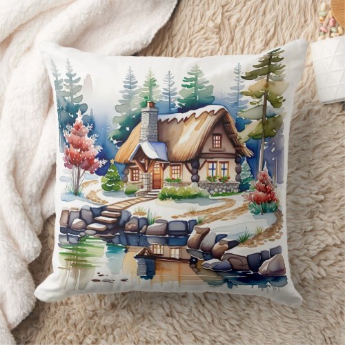 Watercolor Artwork of a Cottage in the Woods Throw Pillow