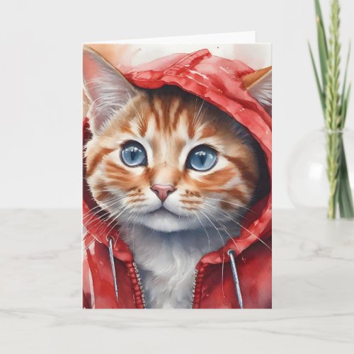 Watercolor Artwork Orange Tabby Cat in Red Hoodie  Card