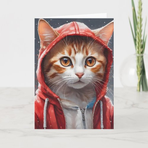 Watercolor Artwork Orange Tabby Cat in Red Hoodie  Card