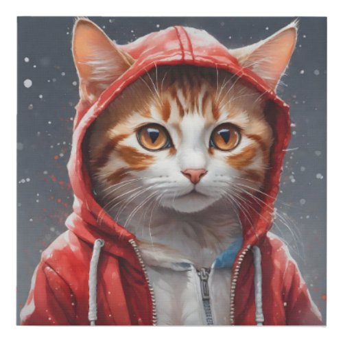 Watercolor Artwork Orange Tabby Cat in Red Hoodie  Faux Canvas Print