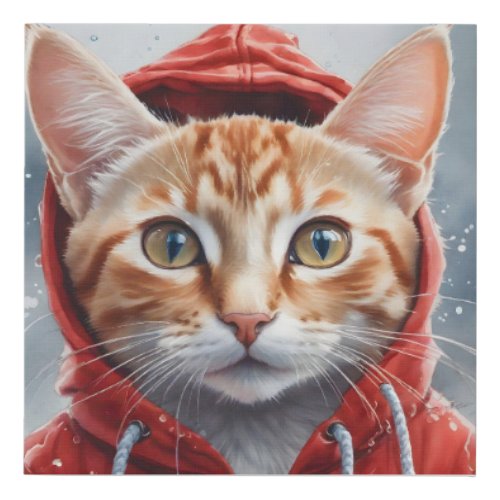 Watercolor Artwork Orange Tabby Cat in Red Hoodie  Faux Canvas Print