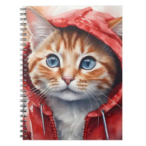 Watercolor Artwork Orange Tabby Cat in Red Hoodie  Notebook