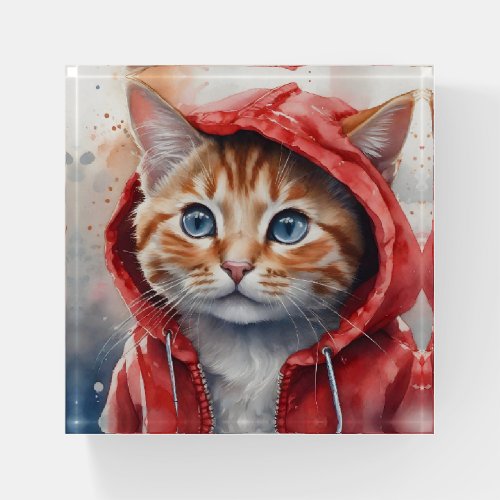Watercolor Artwork Orange Tabby Cat in Red Hoodie  Paperweight
