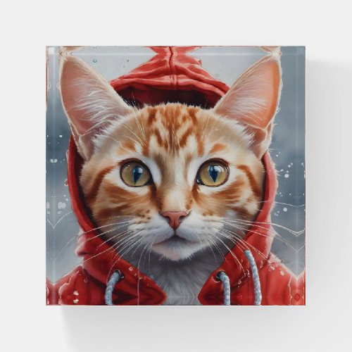 Watercolor Artwork Orange Tabby Cat in Red Hoodie  Paperweight