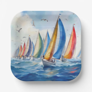 Watercolor Artwork Sailboat Regatta Paper Plates