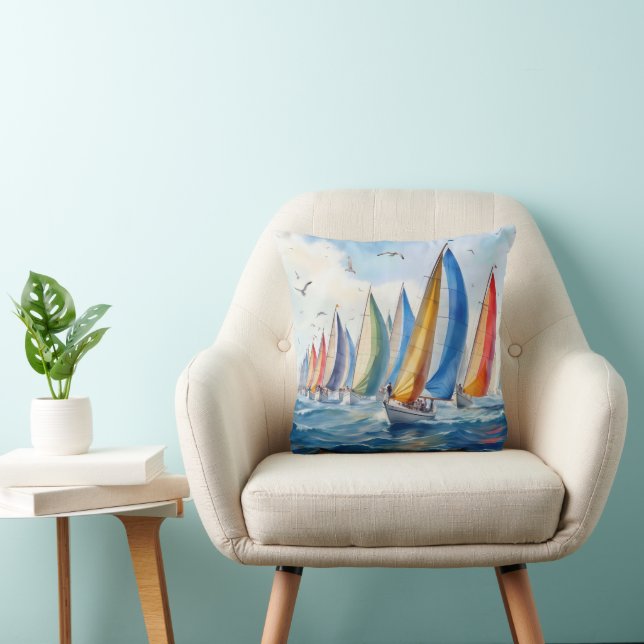 Watercolor Artwork Sailboat Regatta Throw Pillow (Chair)