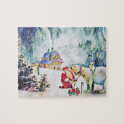 Watercolor Artwork Santa Claus Polar Bear  Jigsaw Puzzle