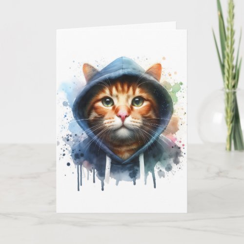 Watercolor Artwork Tabby Cat Blue Hoodie Splatter Card