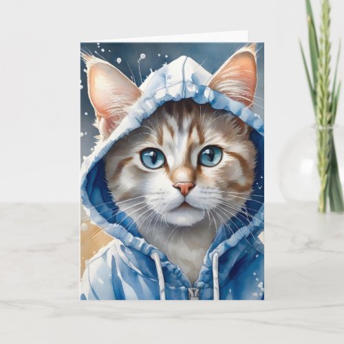 Watercolor Artwork Tabby Cat Blue Hoodie Splatter Card
