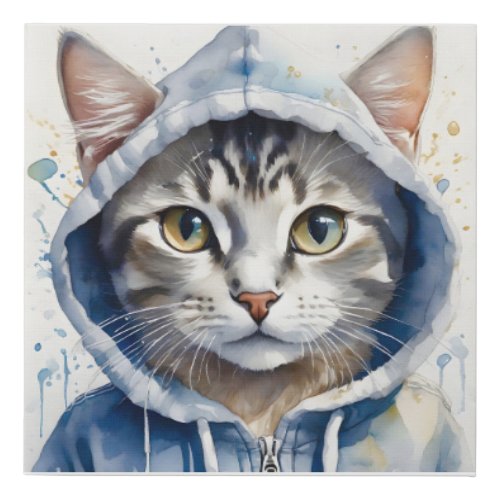 Watercolor Artwork Tabby Cat Blue Hoodie Splatter Faux Canvas Print