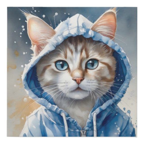 Watercolor Artwork Tabby Cat Blue Hoodie Splatter Faux Canvas Print