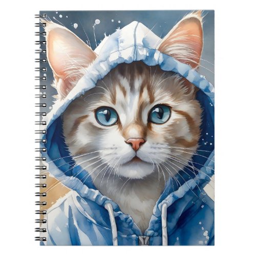 Watercolor Artwork Tabby Cat Blue Hoodie Splatter Notebook