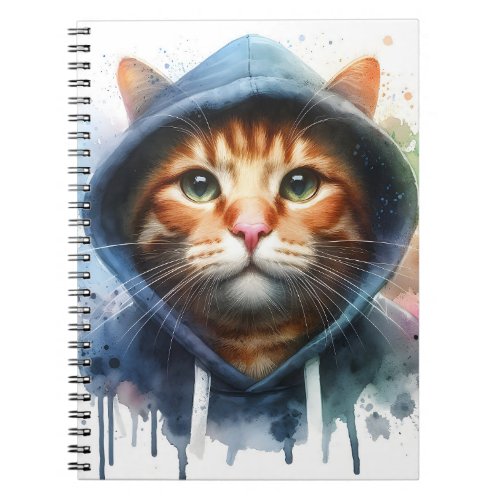 Watercolor Artwork Tabby Cat Blue Hoodie Splatter Notebook