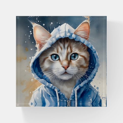 Watercolor Artwork Tabby Cat Blue Hoodie Splatter Paperweight