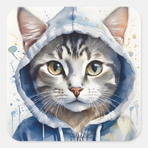 Watercolor Artwork Tabby Cat Blue Hoodie Splatter Square Sticker