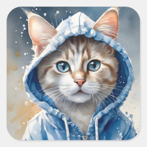 Watercolor Artwork Tabby Cat Blue Hoodie Splatter Square Sticker