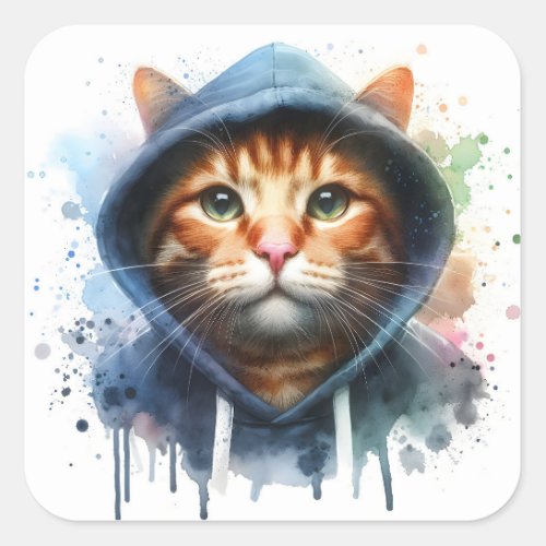 Watercolor Artwork Tabby Cat Blue Hoodie Splatter Square Sticker